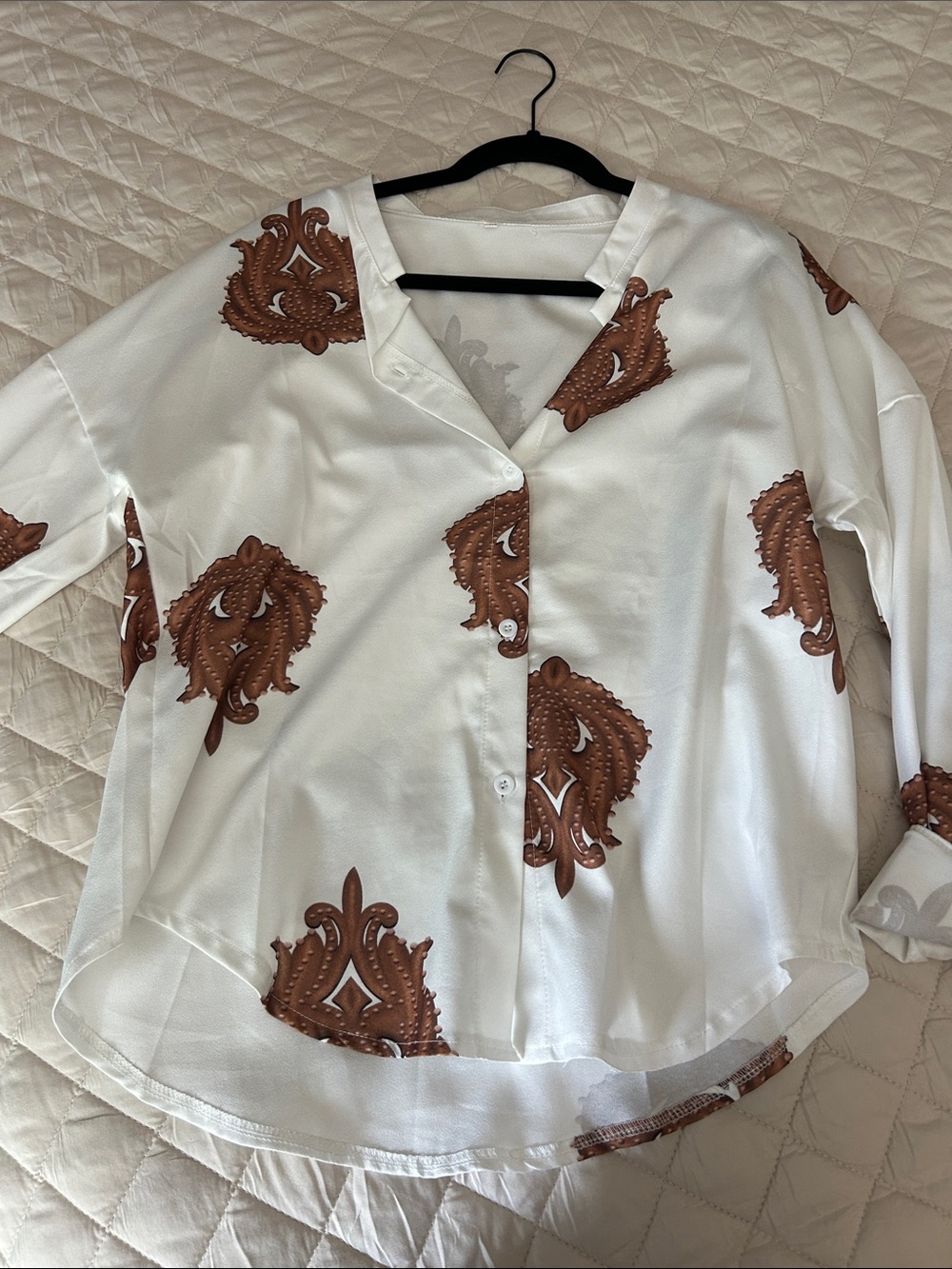 White Button-Up Blouse with Brown Paisley Motif